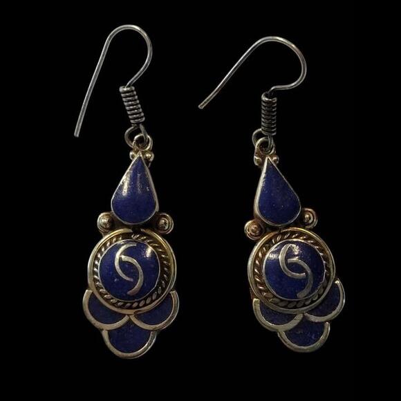 New Handmade Tibetan Earrings- Lapis and Tibetan Silver - Picture 1 of 5